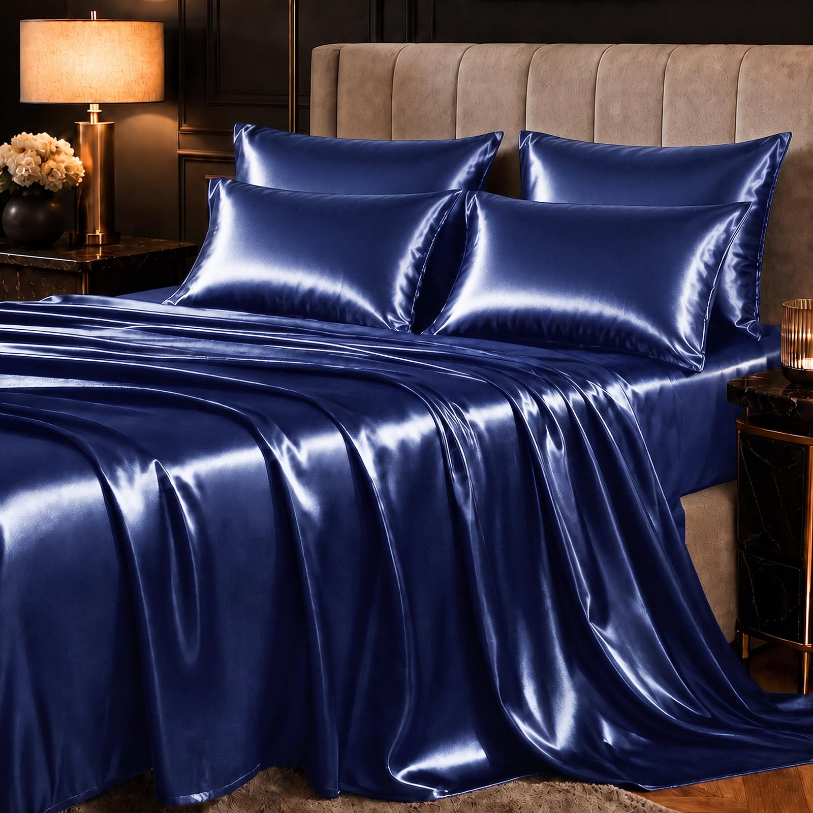 CozyLux Satin Sheets Full, 6-Piece 14-Inch Deep Pocket Sheet Set