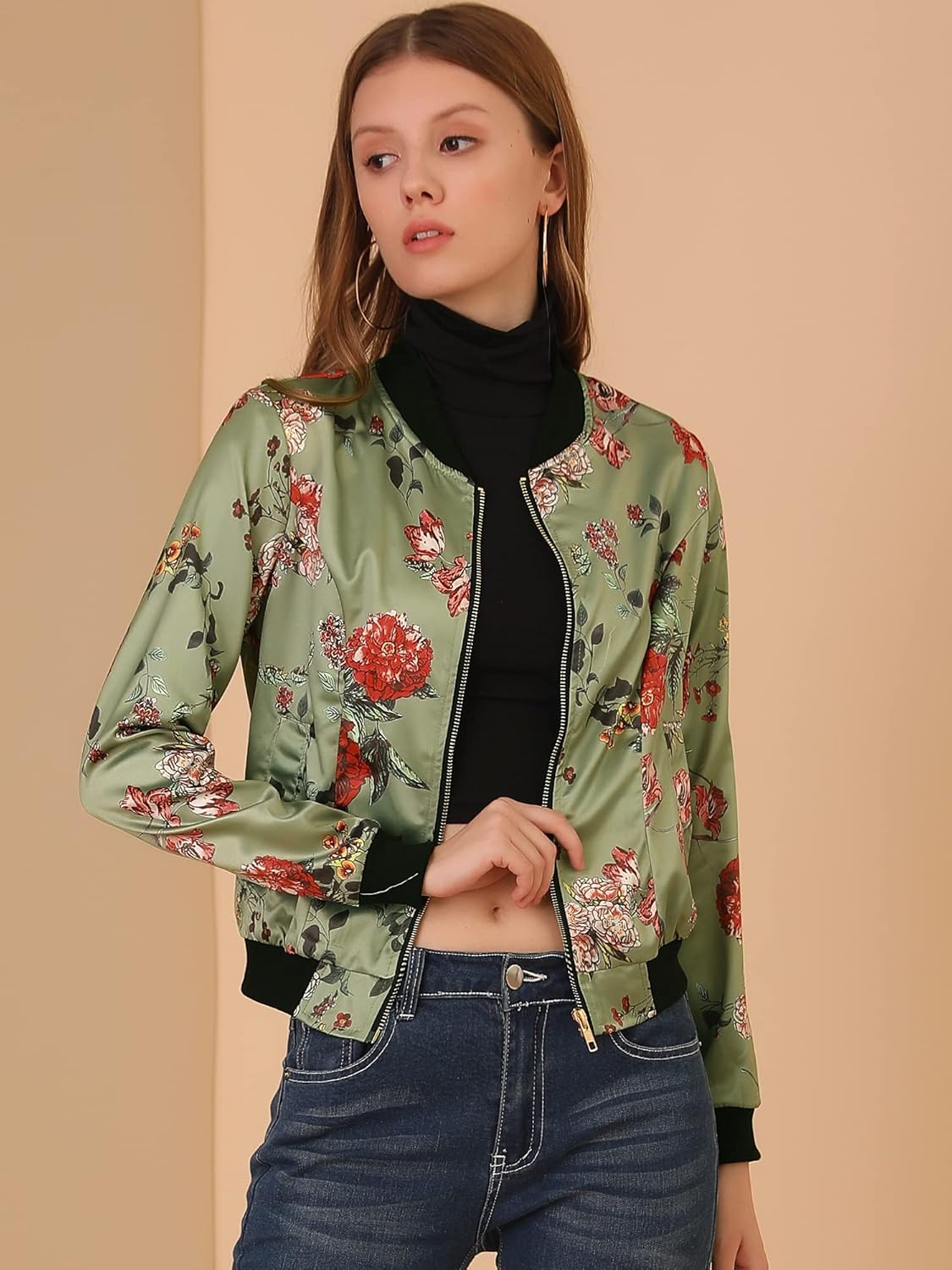 Allegra K Women's Bomber Jacket Satin Long Sleeve Zipper Floral Print Casual Fall Coat with Pocket Winter Outwear