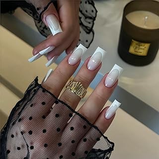24Pcs Press on Nails Lang - Weiß Nägel Zum Aufkleben French - Quadratische Press on Nägel - Komfortabel Wiederverwendbar Full Cover Fingernägel Zum Aufkleben für Frauen Nails Art (White French)