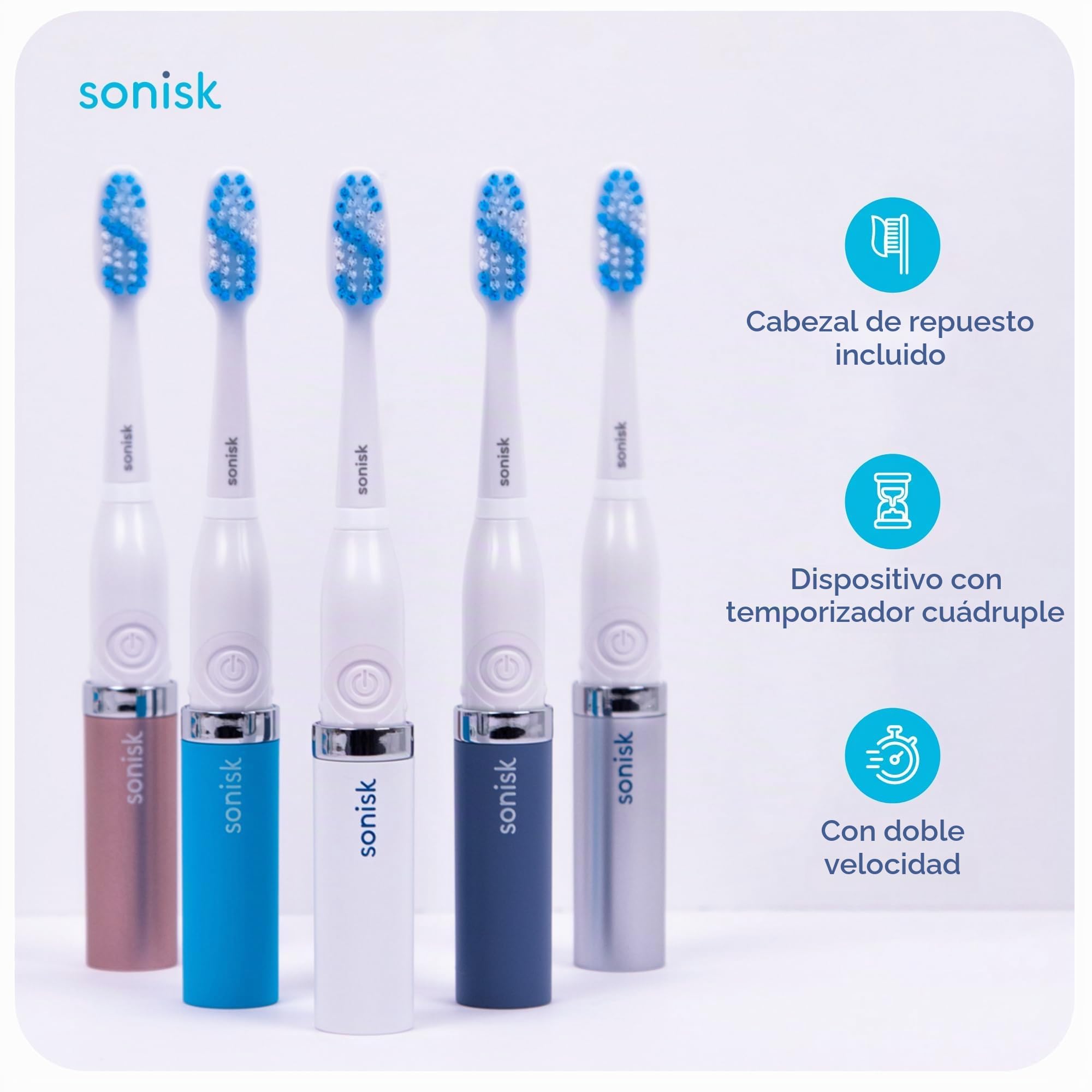 Sonisk Pulse | Cepillo de dientes eléctrico con pilas | Tecnología Sonic | 1 batería, 2 cabezales de cepillo, 31 000 movimientos por minuto, antimicrobiano, tamaño portátil, gold