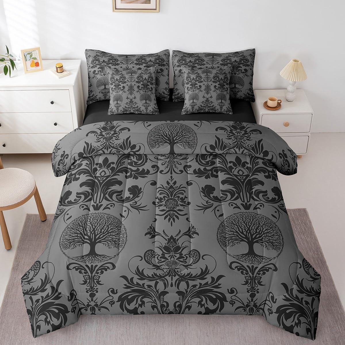 Erosebridal Tree of Life Queen Comforter Set with Sheets, Black and Grey Damask 7-Piece Bedding Set Exotic Victorian Decor Goth Bed in a Bag, Boho Vintage Floral Room Decor