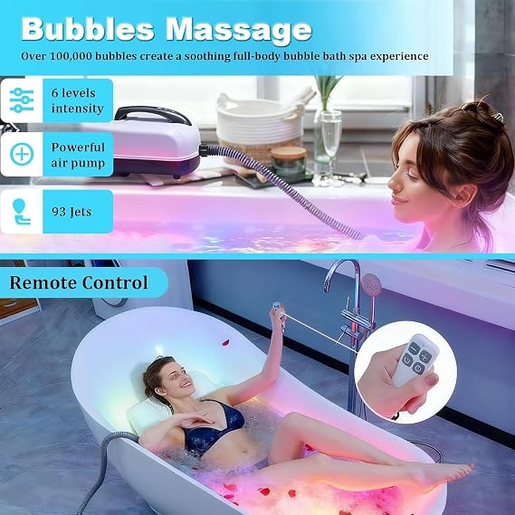 Portable Spa Bubble Bath Massager, 44×17in Full Body Waterproof Spa Mat for Bathtub, 6-Speed Bubbles, 7-Color LED Lights, Remote & Non-slip Suction Cups for Home Relaxation