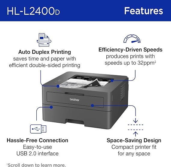Brother Monochrome Laser Printer with 32 PPM Speed and Automatic 2-Sided Printing for Home Office, Fast Black and White Output, Compact Design with 250-Sheet Capacity (HL-L2400D)