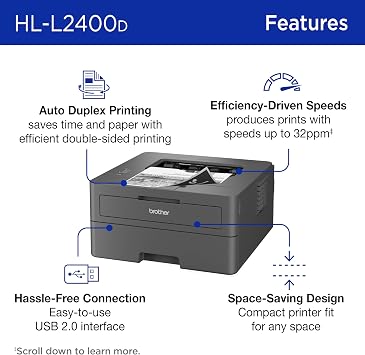 Brother Monochrome Laser Printer with 32 PPM Speed and Automatic 2-Sided Printing for Home Office, Fast Black and White Output, Compact Design with 250-Sheet Capacity (HL-L2400D)