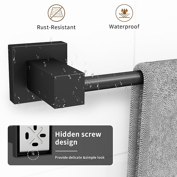 4 Pieces Matte Black Bathroom Hardware Accessories Set, 16 Inch Bath Towel Holder Sets with Toilet Paper Holder, Stainless Steel Towel Racks for Bathroom Wall Mounted