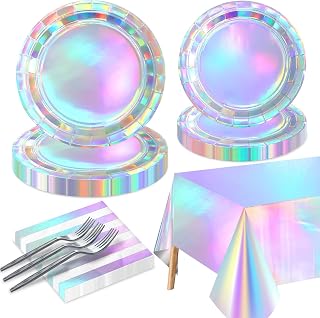 Iridescent Party Supplies for 20 Guests, Disposable Iridescent Tableware Set Includes Holographic Paper Plates, Napkins, Forks, Tablecloth for Birthday Mermaid Themed Party Decorations Wedding