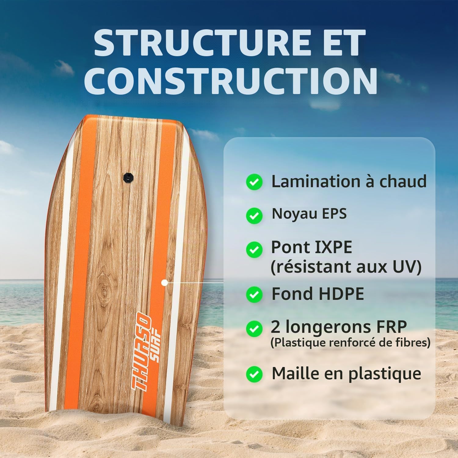 THURSO SURF Quill Bodyboard léger et durable en EPS Core IXPE avec fond lisse en polyéthylène haute densité, queue croissante, double canal en maille plastique avec double émerillon en acier