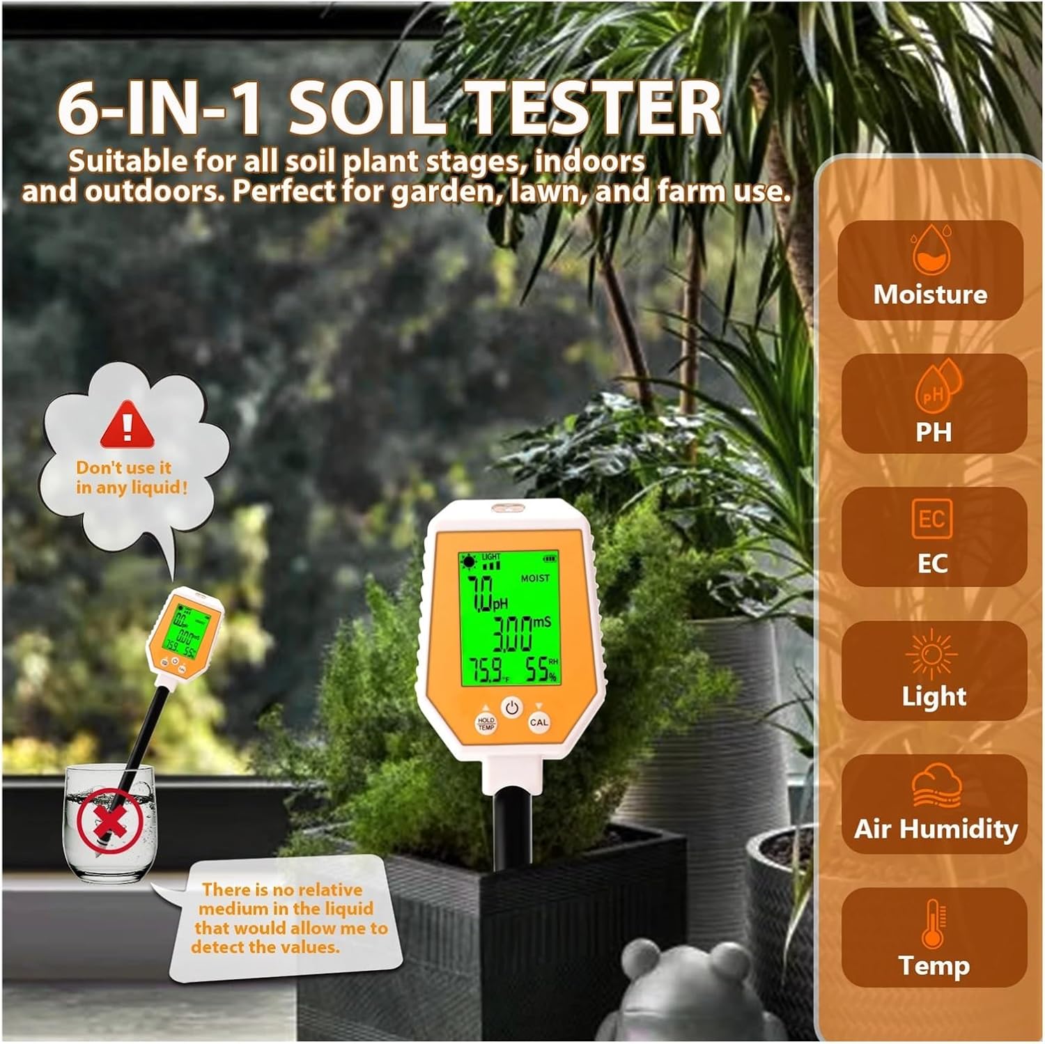 6-in-1 土壌テスター PH/EC/水分/日光/空気湿度/温度 高精度導電率PHメーター ガーデニング 農業用 6-in-1土壌水分計、pH/EC /光/温度/空気湿度、土壌のpH＆水分テスター、芝生、農場、温室、屋外ガーデンハウスプラントセンサ 土壌 ph測定器 土壌メーター 土壌測定器 6  in ... 6 in 1 土壌 PH メーター 農場 庭 土壌水分テスター 土壌 EC 検出器 日光強度 空気湿度 土壌温度テスト