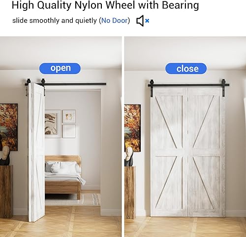 Miniatura 3 de CCJH Kit de herrajes para puerta corrediza de granero de 30 pulgadas para 2 puertas, se desliza suavemente silenciosamente, rodillo negro en forma