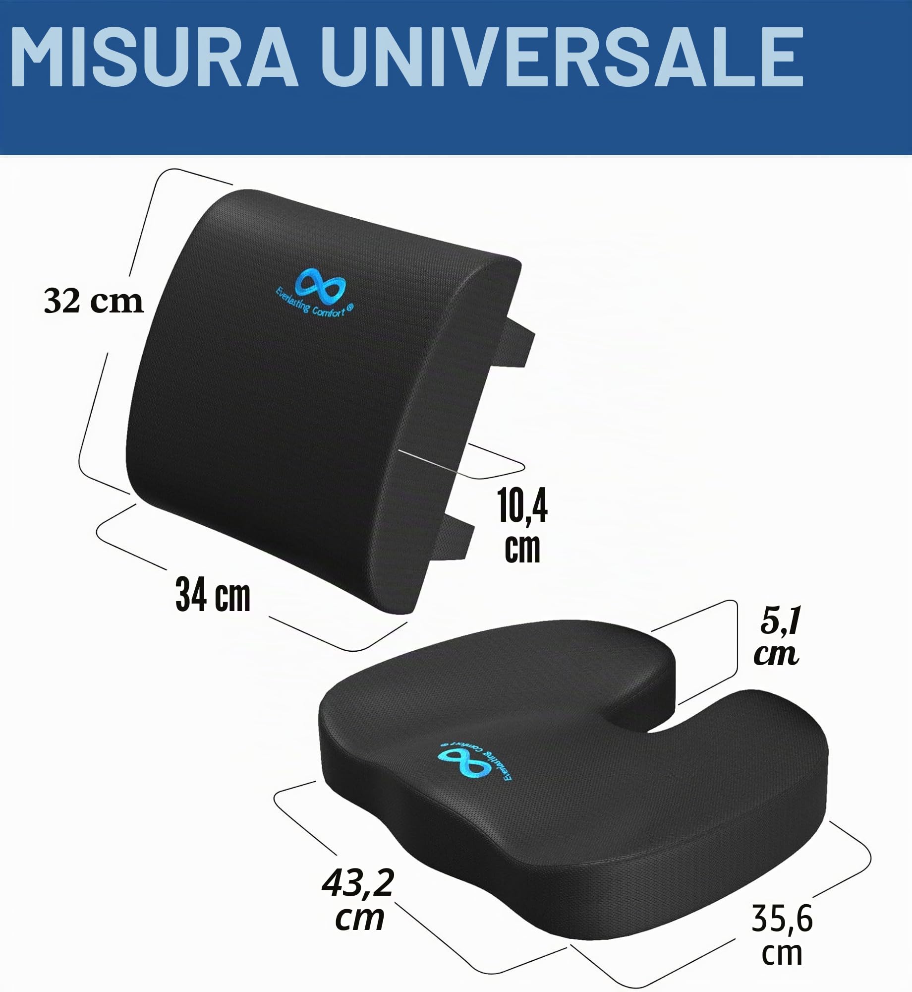 Everlasting Comfort Set cuscino seduta e schiena con gel – Memory foam per ufficio, auto e sedia gaming