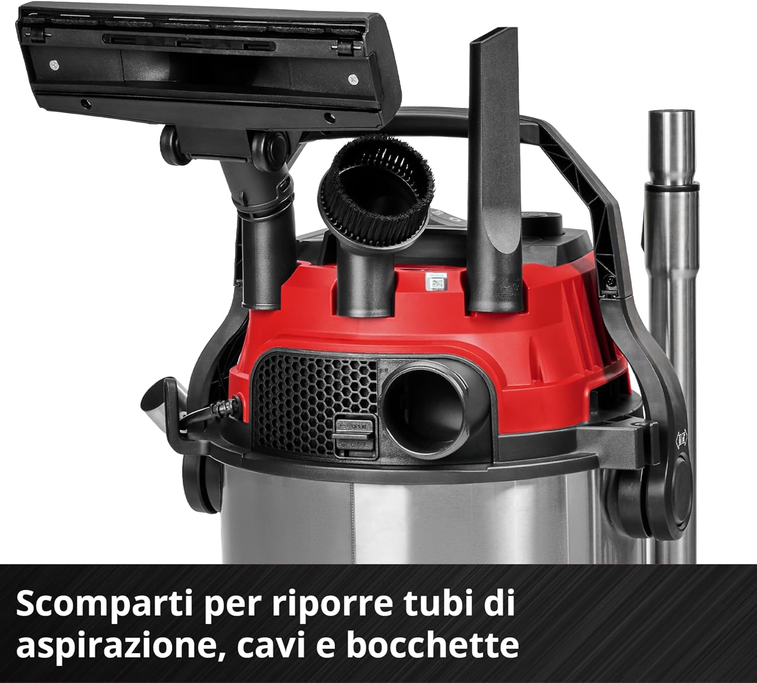 Integrated storage compartments for accessories on the Einhell TE-VC 2580 SACL vacuum cleaner.