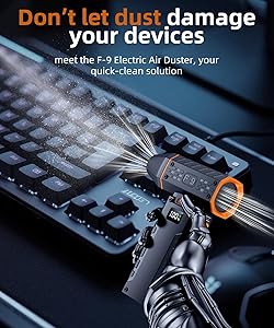 Compressed Air Duster - 100 - Gear Adjustable 130,000 RPM Rechargeable Cordless Electric Air Duster with Display Screen, Mini Dust Blower for Computer, Keyboard, Home, Car Cleaning (Black + Orange)