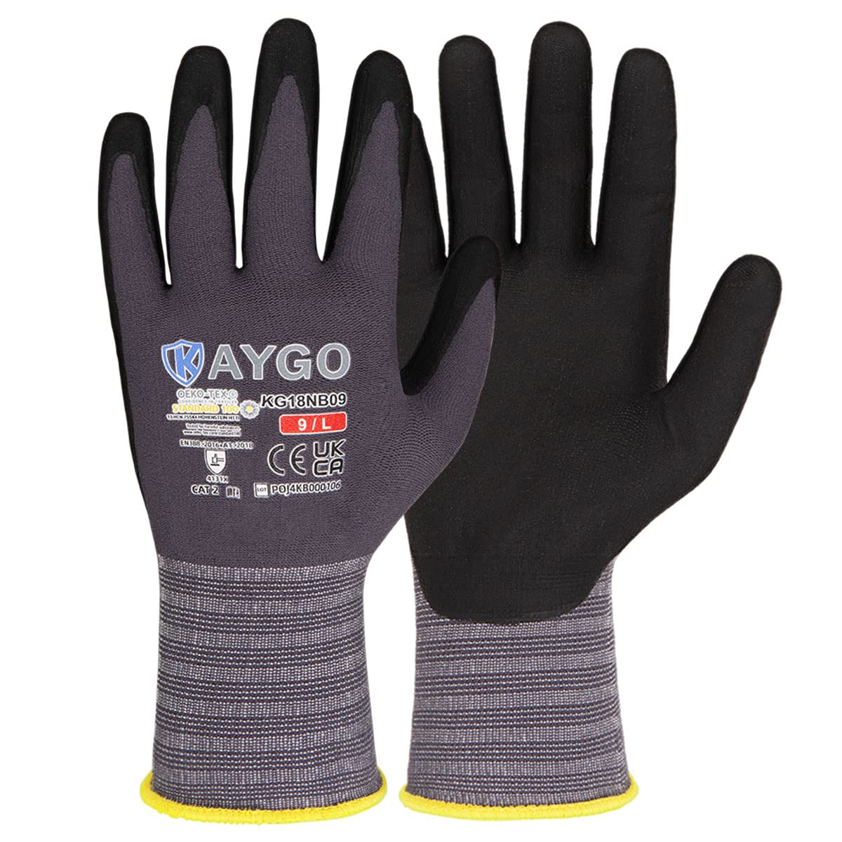 KAYGO12 Pairs Safety Work Gloves MicroFoam Nitrile Coated, KG18N,Seamless Knit Nylon Glove with Black Micro-Foam Nitrile Grip,Ideal for General Purpose,Automotive,Home Improvement