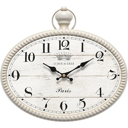 Retro Oval Wall Clock. White Vintage Antique Style. Battery Operated Decor Wall Clocks for Farmhouse,Kitchen,Bedroom,Bathroom (10.5" H x 11.3" W)