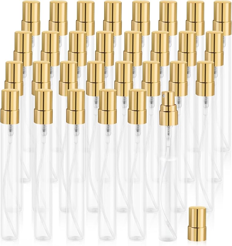 Mirrline Frascos de Spray de Vidro para Perfume, 10 mL, com Tampas Douradas, Pacote com 30 e Acessórios