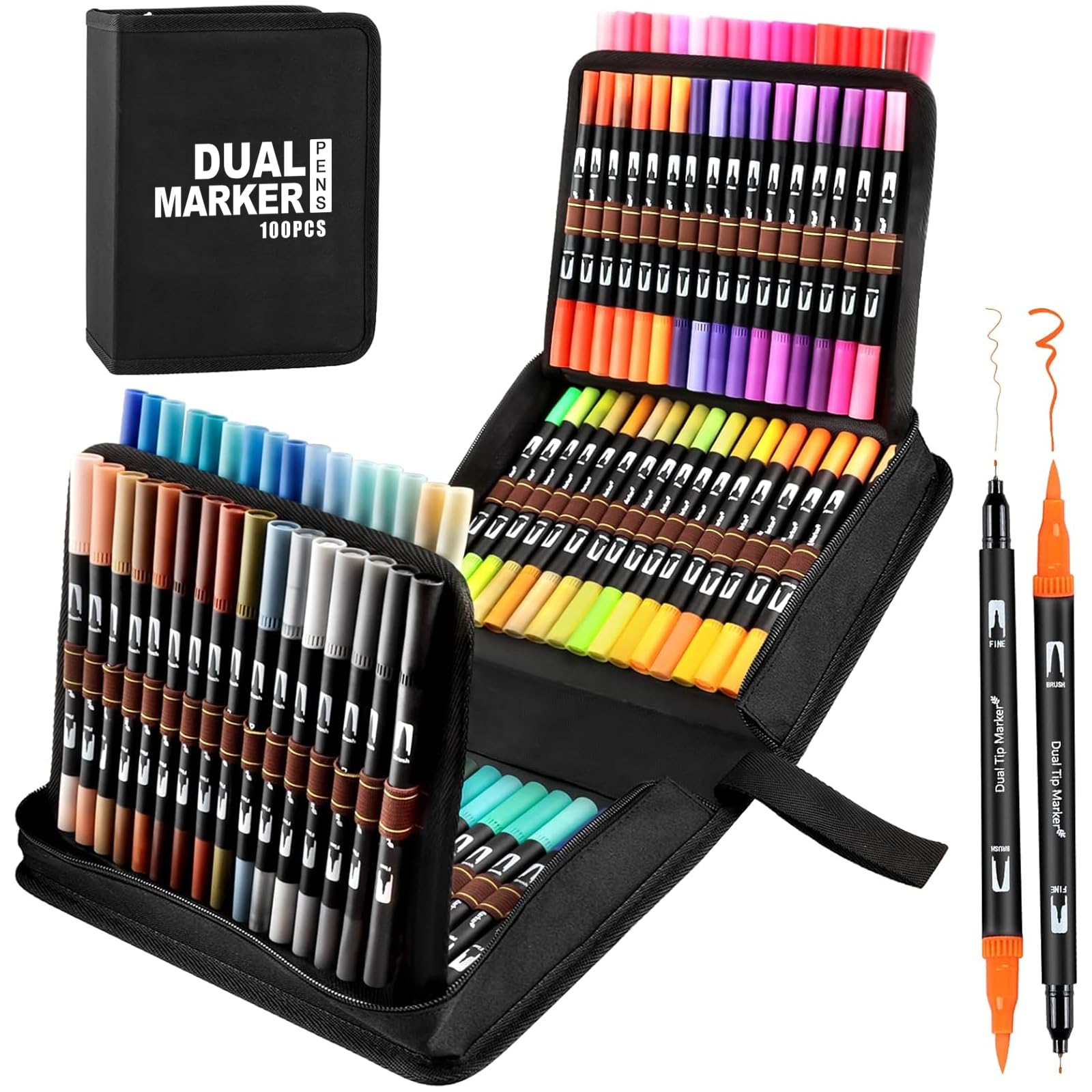 Gelanty Juego de rotuladores de doble pincel, 100 colores, rotuladores gruesos y finos, juego de acuarela para escribir a mano, diarios, libros para colorear, manga,bolígrafos de caligrafía para