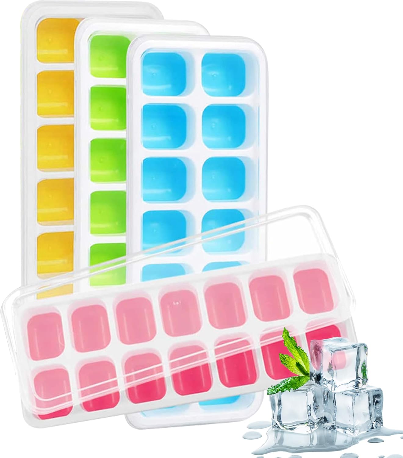 Just QT Ice Cube Trays with lid , Set of 4 , SpillResistant ice Moulds