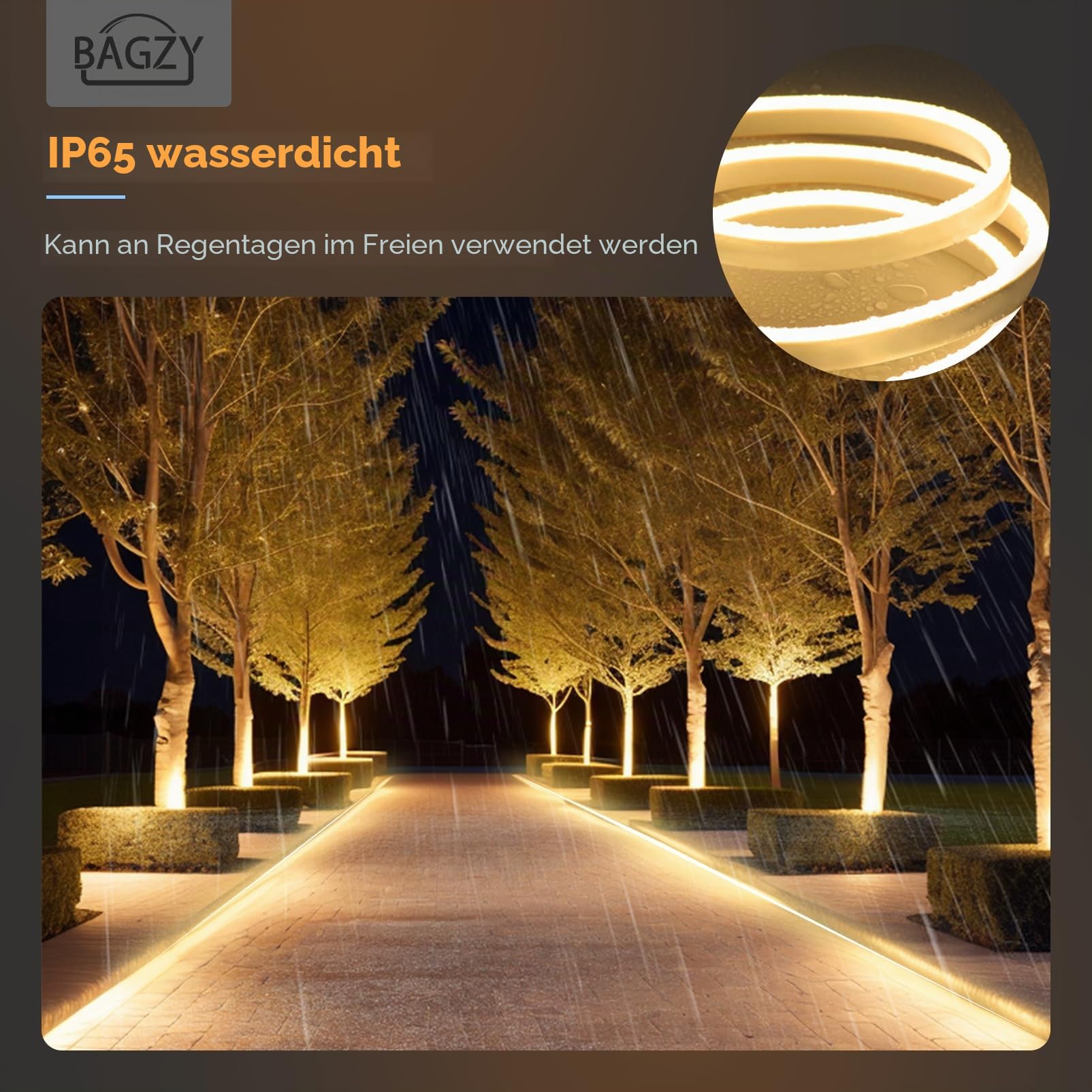 BAGZY Neon LED Streifen 10M Aussenbereich Wasserdicht 230V Outdoor 120 LED/M Flexibler DIY Lichtband mit Netzteil und Controller Natürliches Weiß