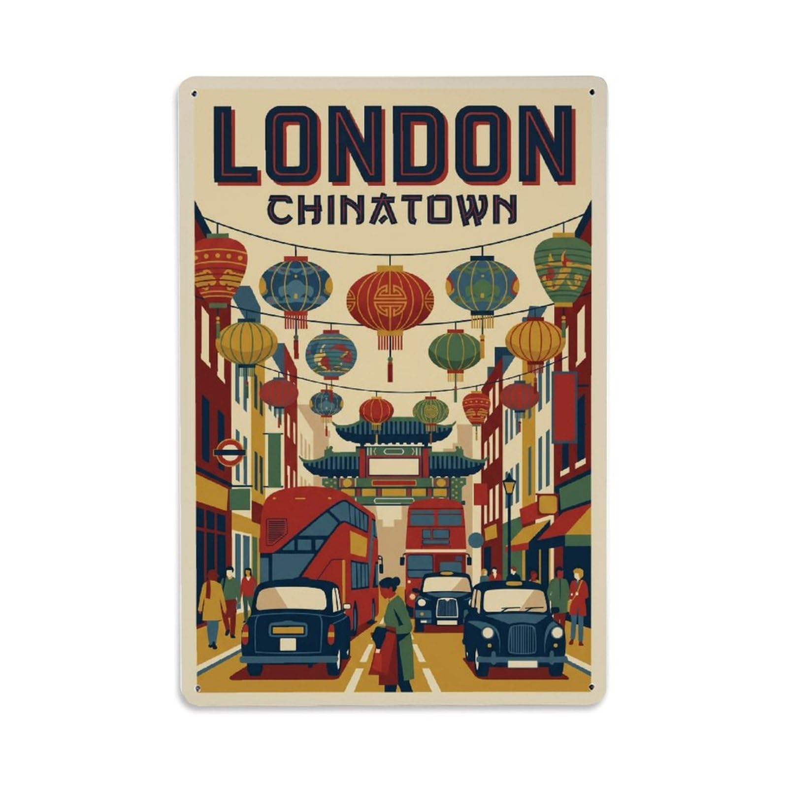 Vintage Travel London Chinatown Lanterns District Clean England Metal Tin Sign Plaque Wall Decor for Cafe, Club Bar, Office, Home Garden Metal Poster 8x12Inch