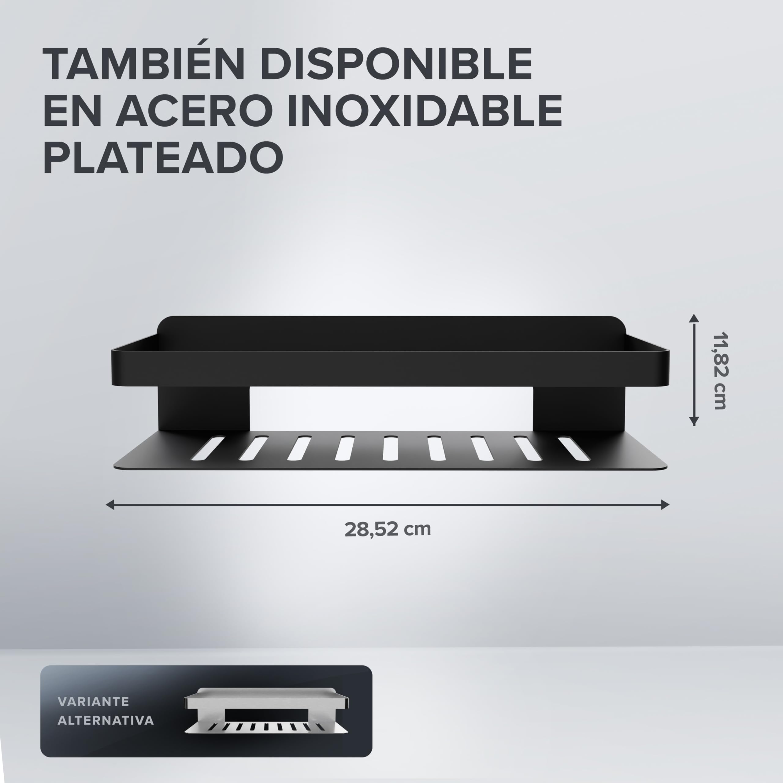 Ovimar Cesta de Ducha Rectangular Hinnoya | Negro Mate | Acero Inoxidable | Sin Taladrar | Para Pegar | Plato de Ducha | Ahorra Espacio | Para Bañera | Guarda Gel