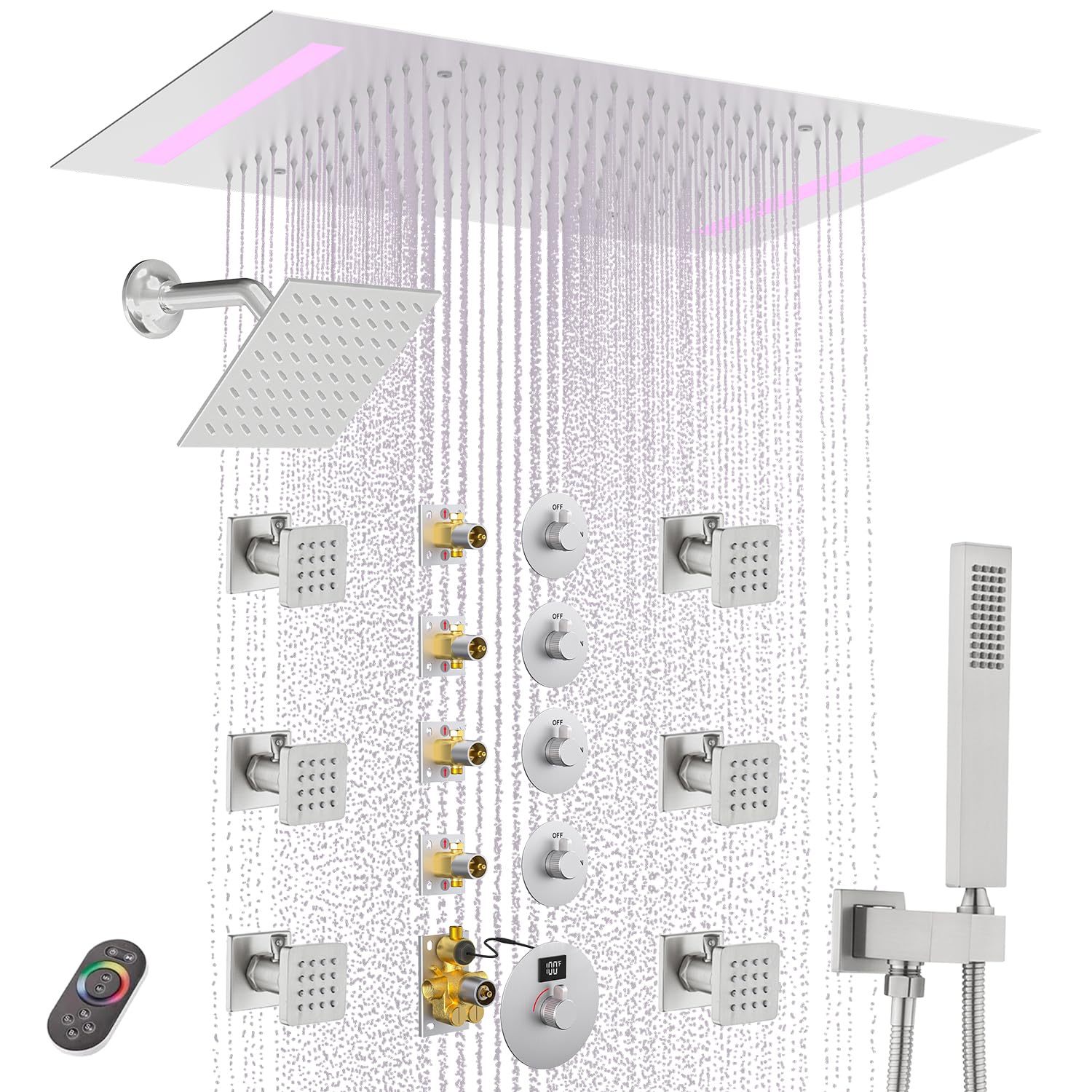 Système de douche à double tête de 35,6 x 50,8 cm à 4 fonctions avec jets de corps, pommeau de douche de 15,2 cm et 6 jets de corps, 4 fonctions, robinet de douche séparé avec télécommande (nickel