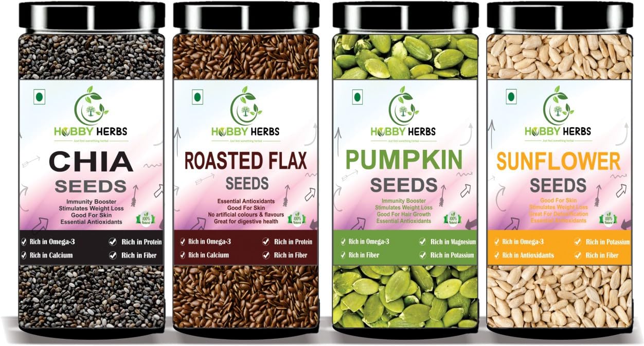 Hobby Herbs Immunity Booster Essential Antioxidants Chia, Roasted Flax Alsi, Pumpkin, Sunflower Seeds (400g, Pack of 4)-picture-25