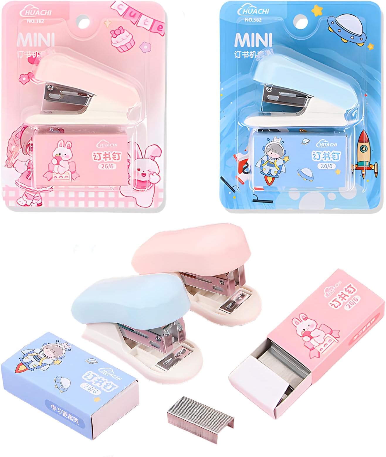 2 Sets Mini Easy Desktop Stapler, 24/6 Standard Staples, Built-in Stapler Remover for Students and Office, Black and White (Pink and Blue)