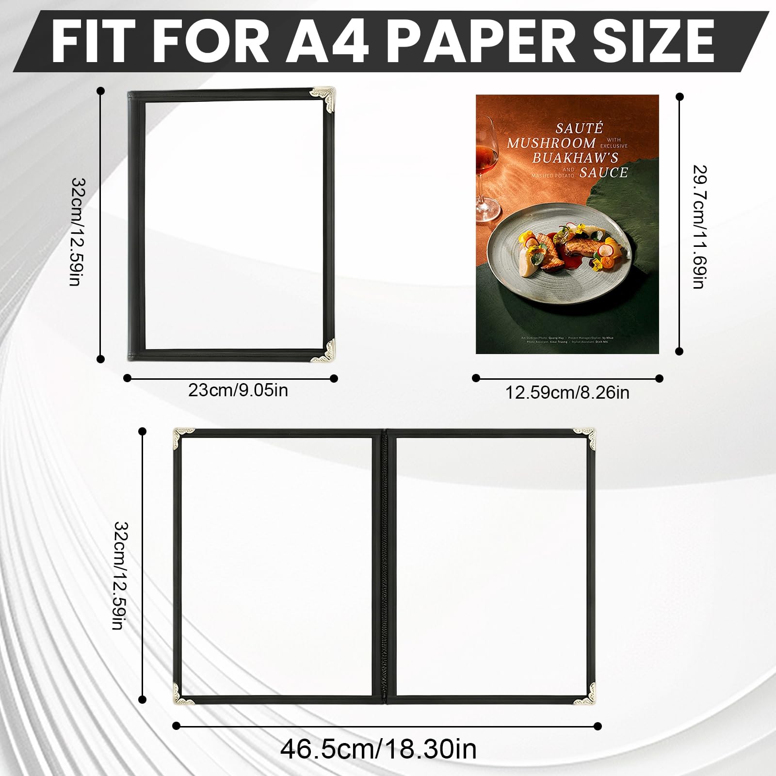 Porte-Menus, Lot de 6 Porte-Cartes de Menu Pliables A4 Protege Menu Transparents à Double Vue avec Surface Imperméable et Protection des Bords Porte Menu 4 Pages 8 Vues pour Restaurants Hôtels et Bars