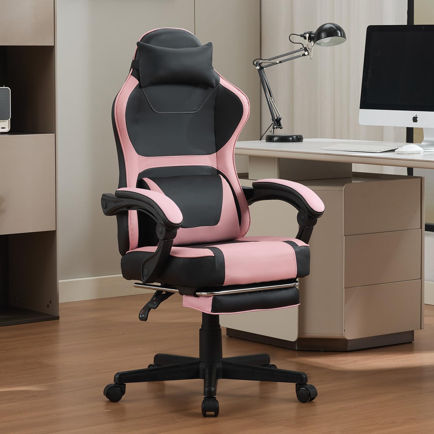 Gaming Stuhl mit Fußstütze, Ergonomischer Bürostuhl mit Verstellbarer Lendenstütze und Kopfstütze, Höhenverstellbarer Drehstuhl mit Wippfunktion, PC Stuhl für Home Office, Büro und Gaming