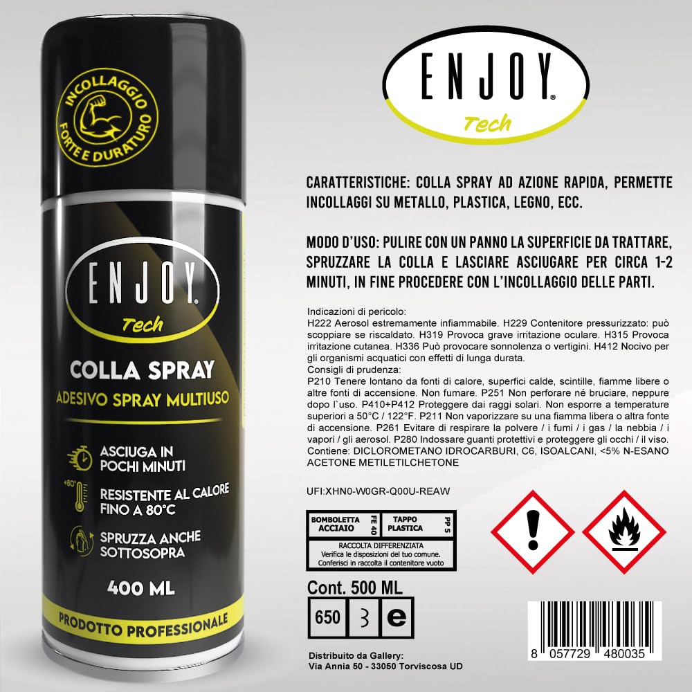ENJOY TECH - Colla Extraforte Spray 400ML | Per Tessuti, Plastica, Legno, Auto e Metalli | Applicazione Permanente | Resistente a Intemperie e Calore | Made in Italy