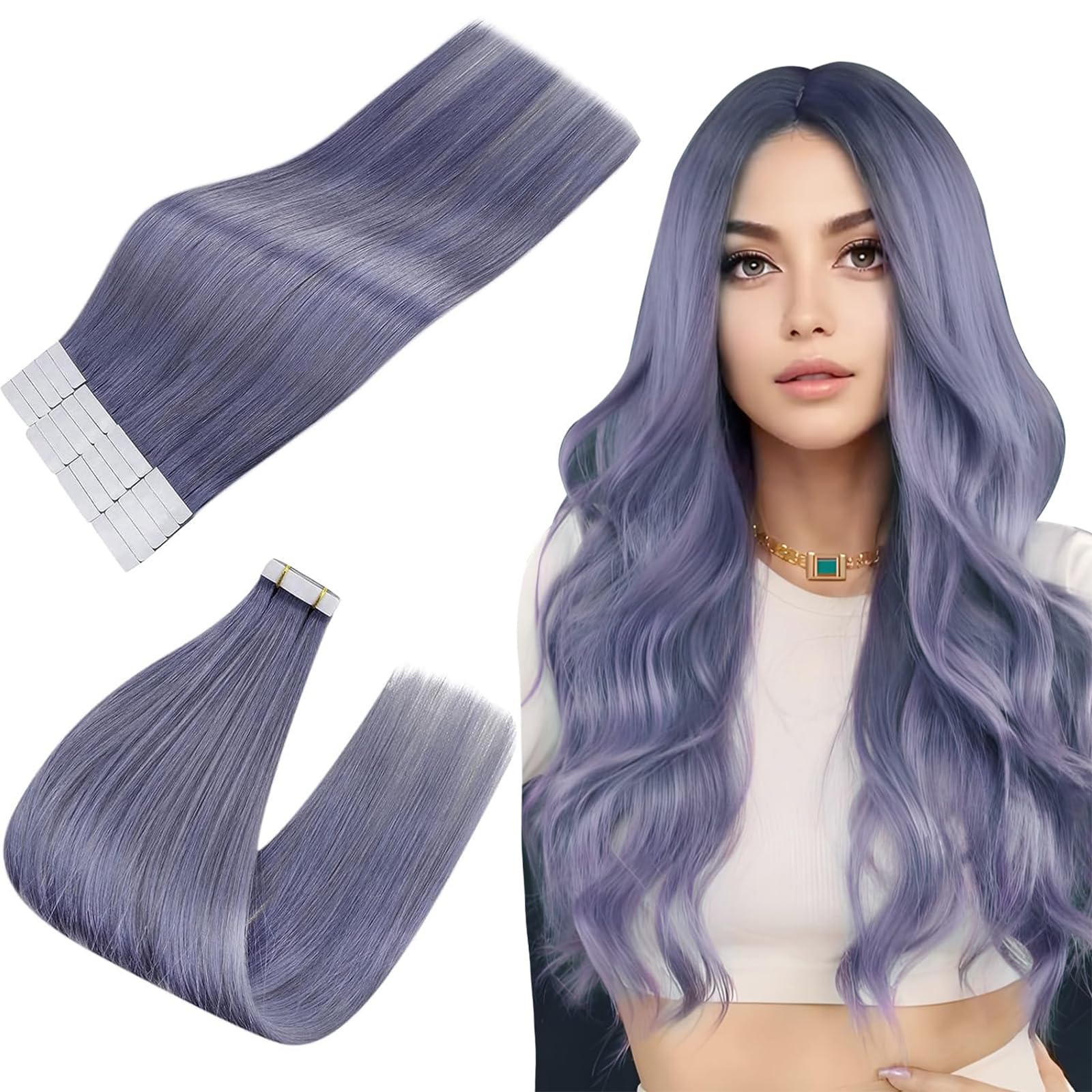 EasyouthHuman Hair Tape on Hair Extensions Color Blue Silky Straight Hair Extensions Tape in Remy Hair Extensions 16inch 10Pcs 25g