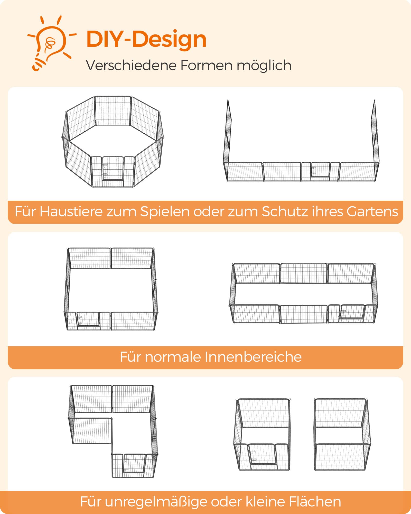 Feandrea Freilaufgehege, Laufstall DIY, mit 8 Gitterplatten je 77 x 80 cm, 2 L-förmige Riegel, transportabel, für innen und außen, extra große Haustiere ohne Halsband, grau PPK88G