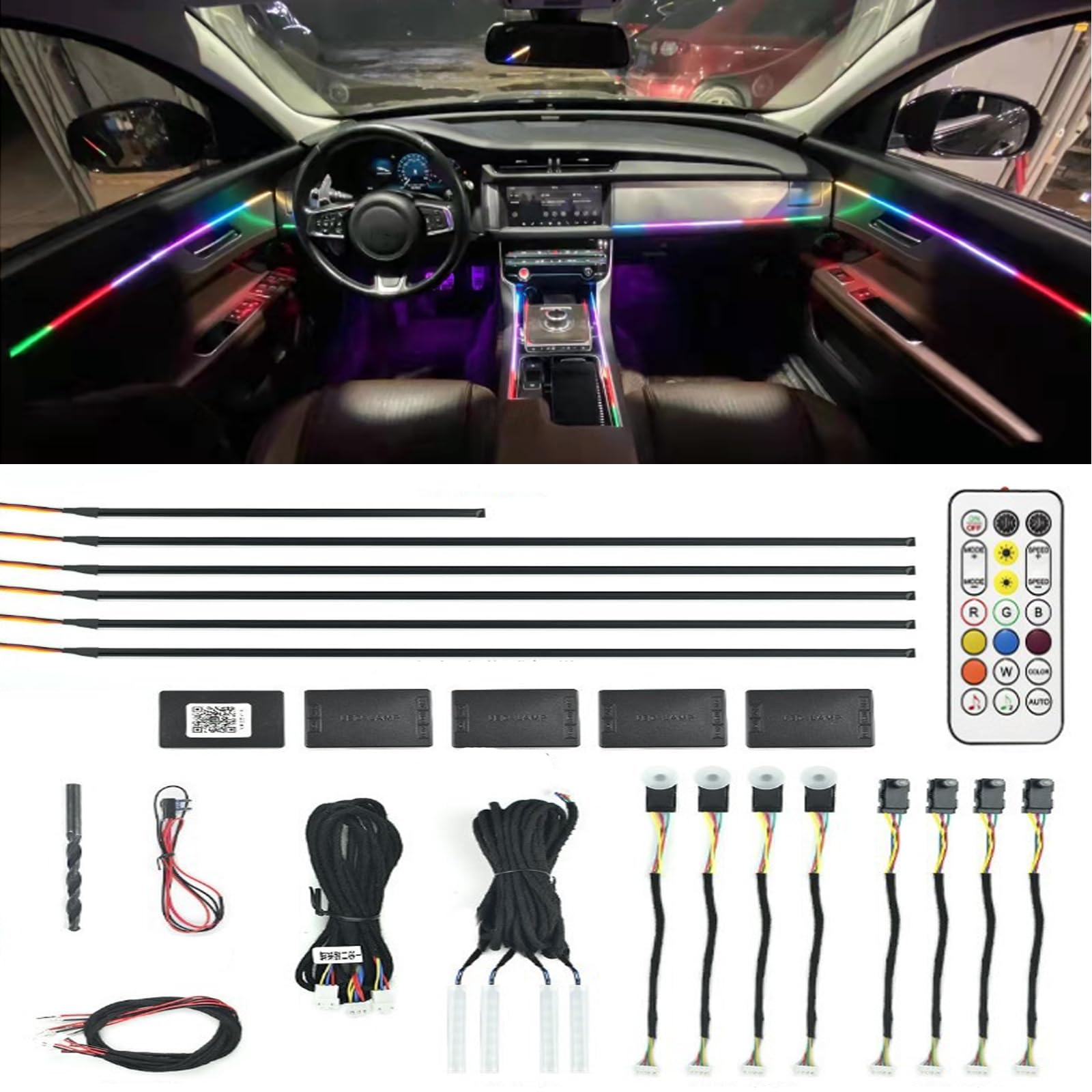 Tira de Luces LED para Interior de Coche, Luces de atmósfera dinámica acrílicas RGB 18 en 1, 210 Modos de luz, Control Remoto inalámbrico, Kits de iluminación Ambiental para Coche