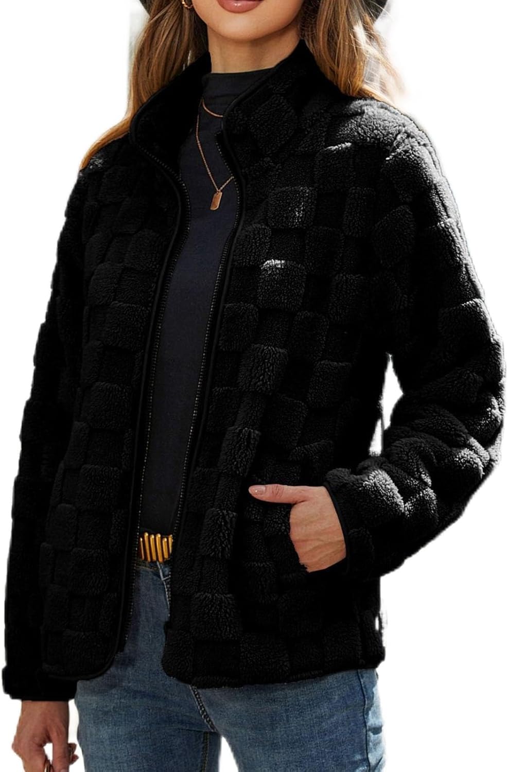 Women Winter Casual Checkered Fleece Jacket Fuzzy Oversized Sherpa Cardigan 2025 Open Front Draped Pockets Coats
