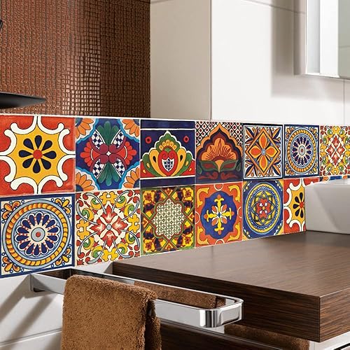 Vista 6 de 20 Pcs 4"×4" Tile Stickers Peel and Stick, Self Adhesive Waterproof Removable Mandala Style Tiles Backsplash for Kitchen Bathroom Furniture