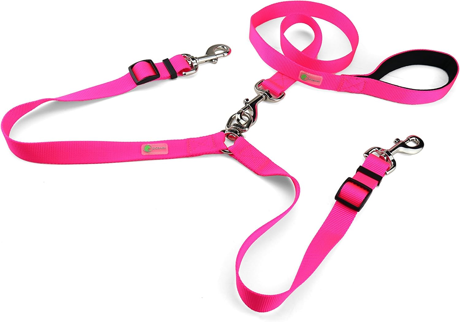 DCBARK Tangle Free Double Dog Leash, No Tangle Adjustable Length Lead with Comfortable Padded Handle for 2 Dogs (L, Neo Pink)
