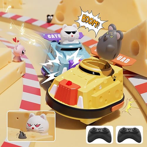 Miniatura 8 de Paquete de 2 autos de control remoto, auto de choque de expulsión RC para niños, auto parachoques de queso de guerra de gatos y ratas, juguetes de