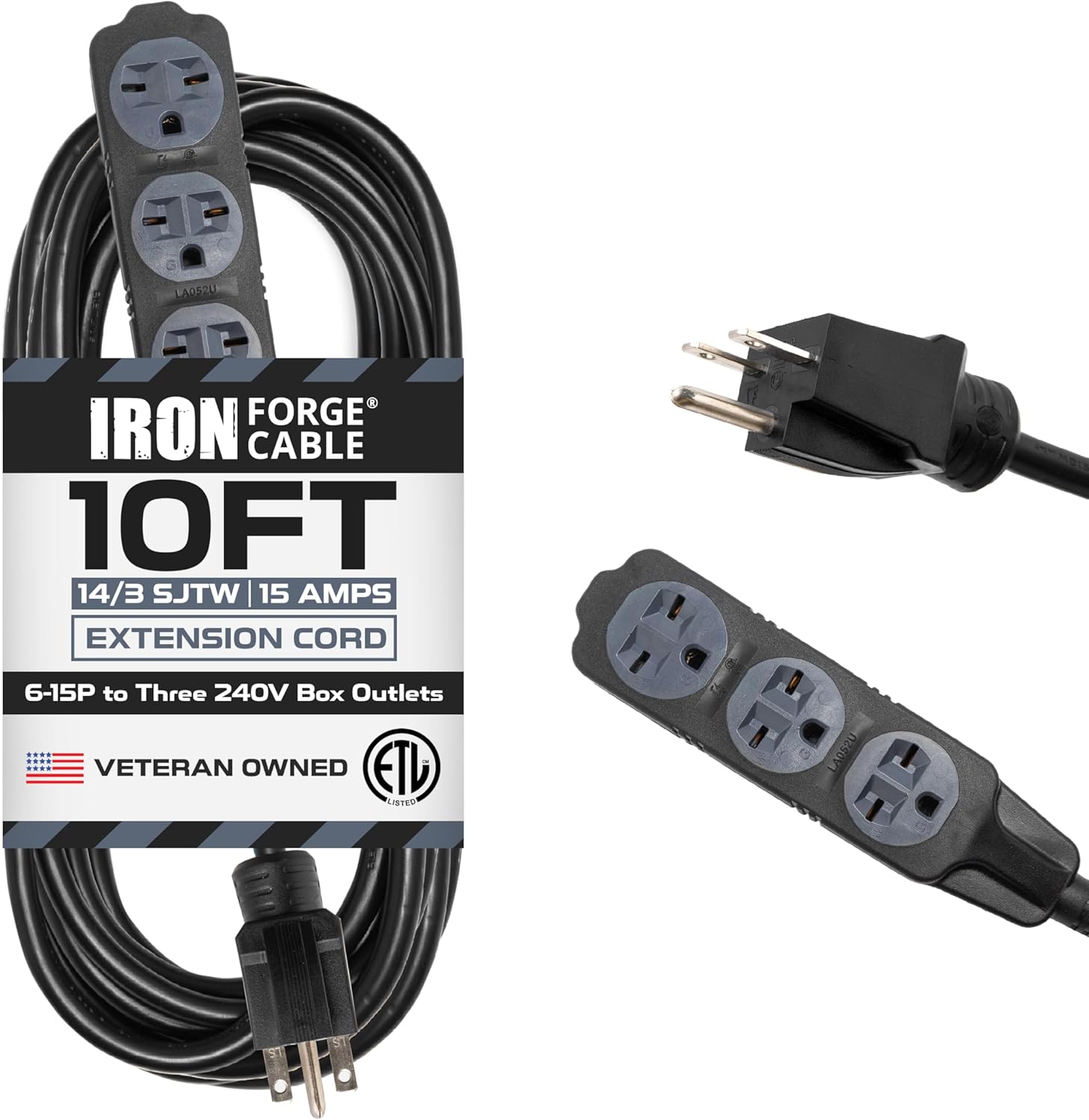 Iron Forge Cable 10 Ft Extension Cord with 3 Outlets - Extension Cord, 6-15P to Three Box Outlets Black 14 Gauge, SJTW 220/240 Volt Cord Heavy Duty