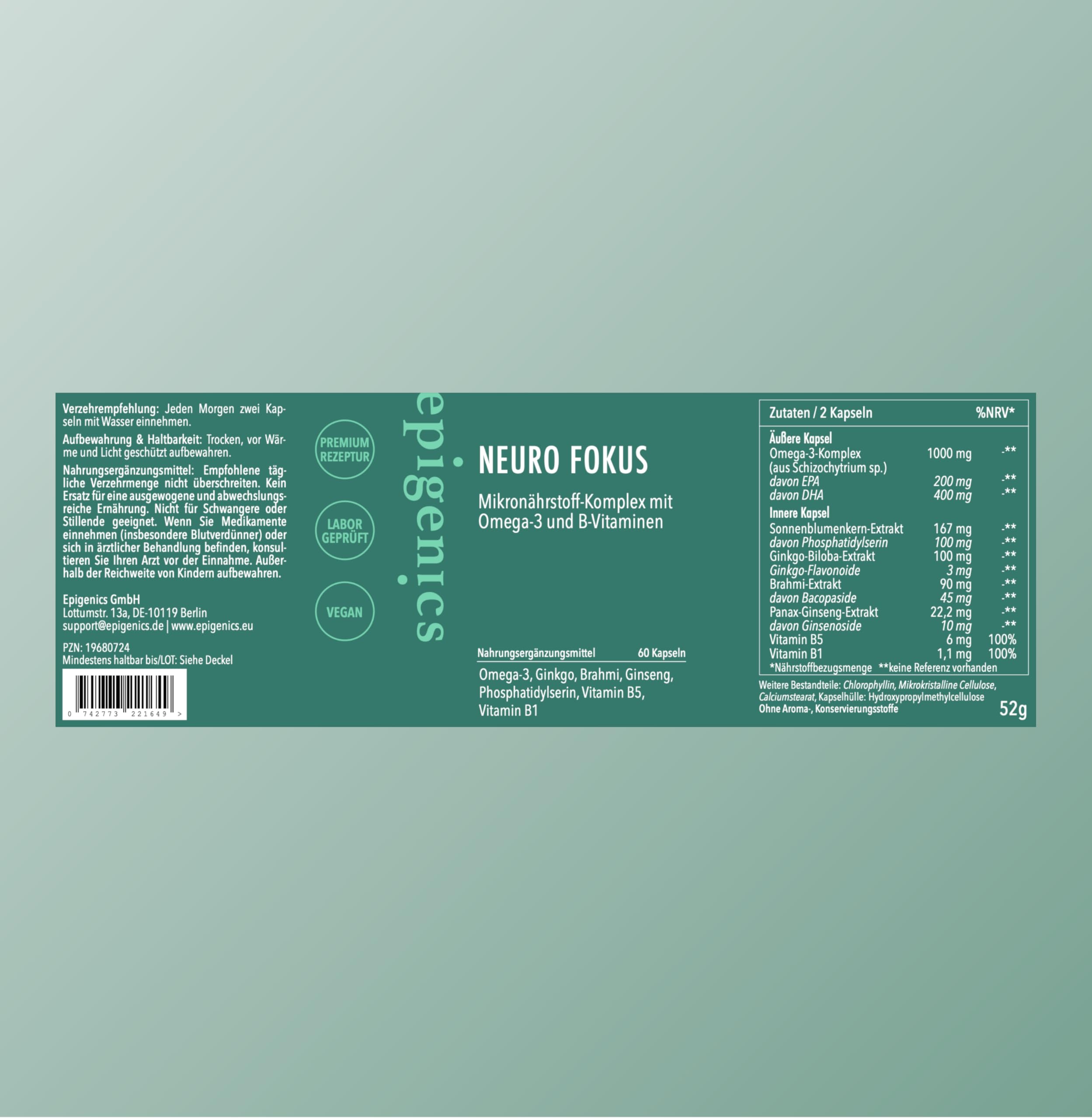 Epigenics Neuro Fokus Kapseln mit Ginkgo, Brahmi, Phosphatidylserin, Ginseng & Omega-3 (DHA/EPA) plus Vitamin B1 & B5 – Nahrungsergänzung für Konzentration & mentale Leistung – vegan (30 Tage)