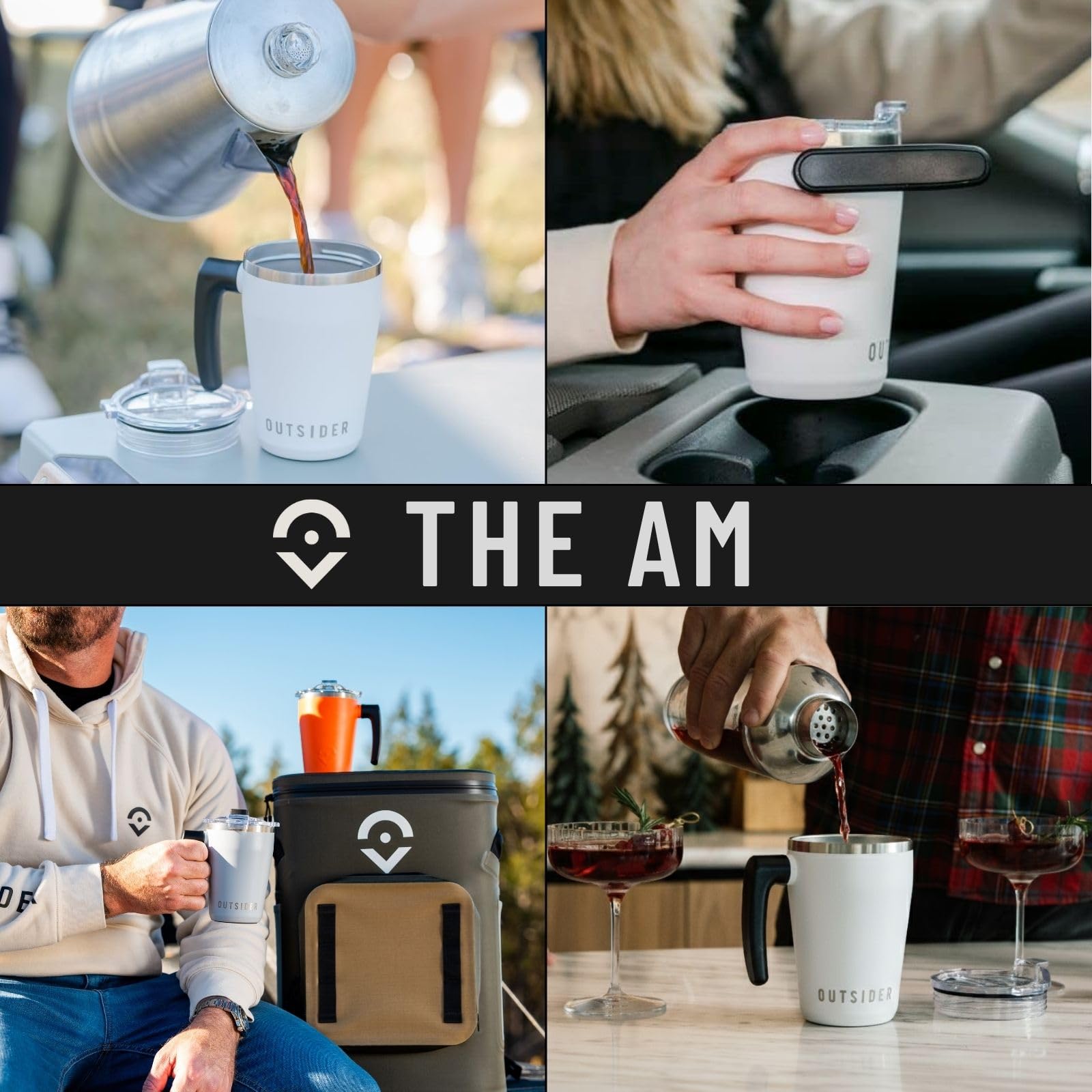 OUTSIDER The AM Vakuumisolierter Kaffeebecher aus Edelstahl mit 180° drehbarem Drehgriff und verschließbarem, auslaufsicherem Deckel, Reisebecher für Outdoor, Zuhause und Büro, Schwarz