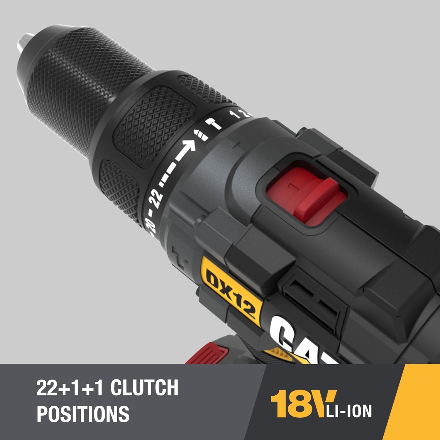 Krupni plan položaja kvačila 22+1+1 na udarnoj bušilici CAT DX12, koji prikazuje postavke obrtnog momenta, način bušenja i način rada čekića.