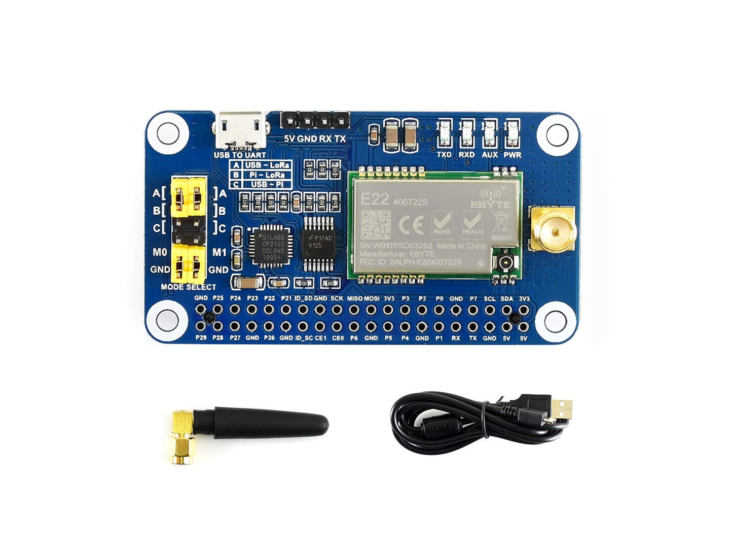 Waveshare SX1268 LoRa HAT for Raspberry Pi Spread Spectrum Modulation 433MHz Frequency Band Allows Data Transmission up to 5km Through Serial Port Supports Wireless Parameter Configuration