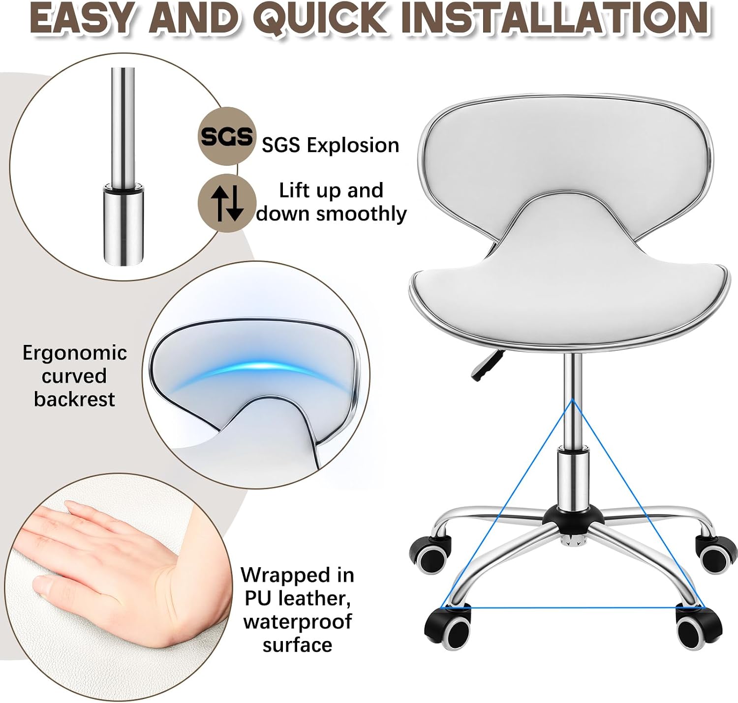 Geelin Pedicure Chair for Nail Tech, Ergonomic Back Support Rolling Stool, Adjustable Hydraulic Salon Spa Stool with Wheels, Swivel PU Leather Nail Tech Chair for Pedicure Tattoo Massage (White)