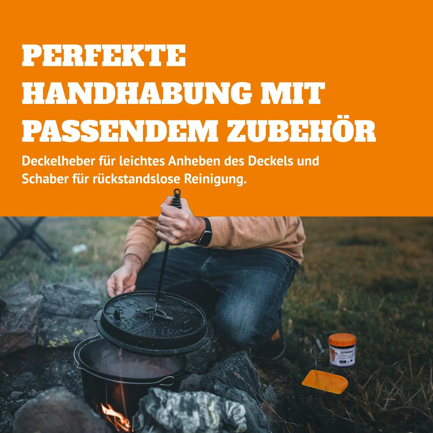 Dutch Oven FT6-6QT (met pootjes) Set – Pan + Deksellifter + Schraper + Conditioner