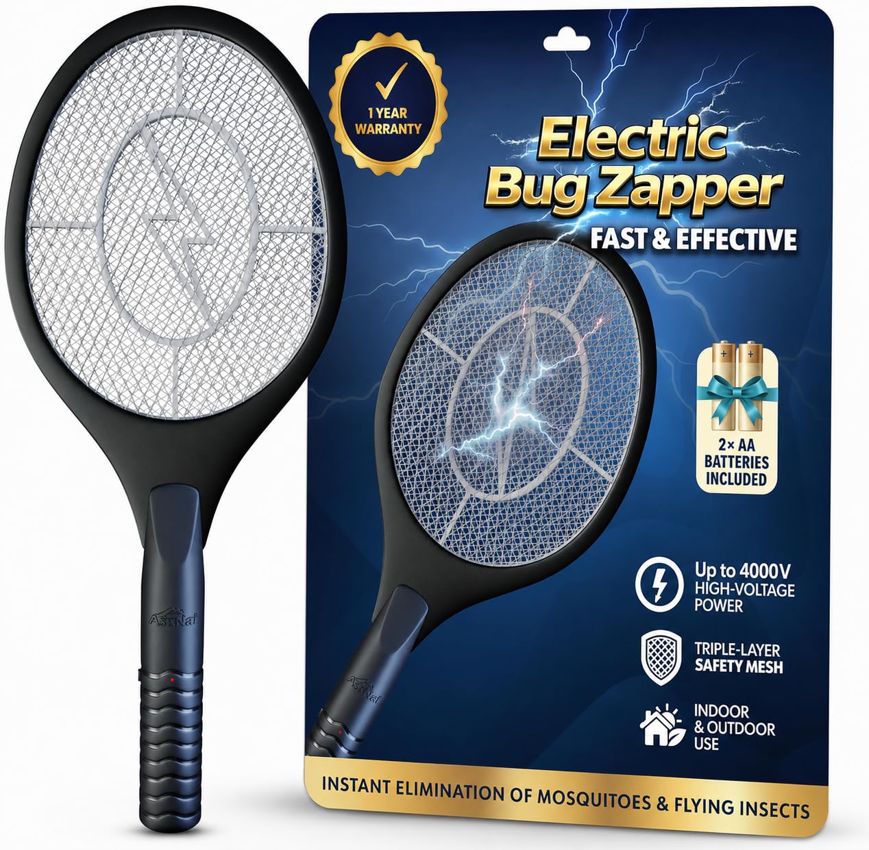 Raqueta matamoscas eléctrica y matamoscas para Control de Insectos en Interiores y Exteriores, Funciona con Pilas, Ligera y portátil, de Alto Voltaje, Color Negro