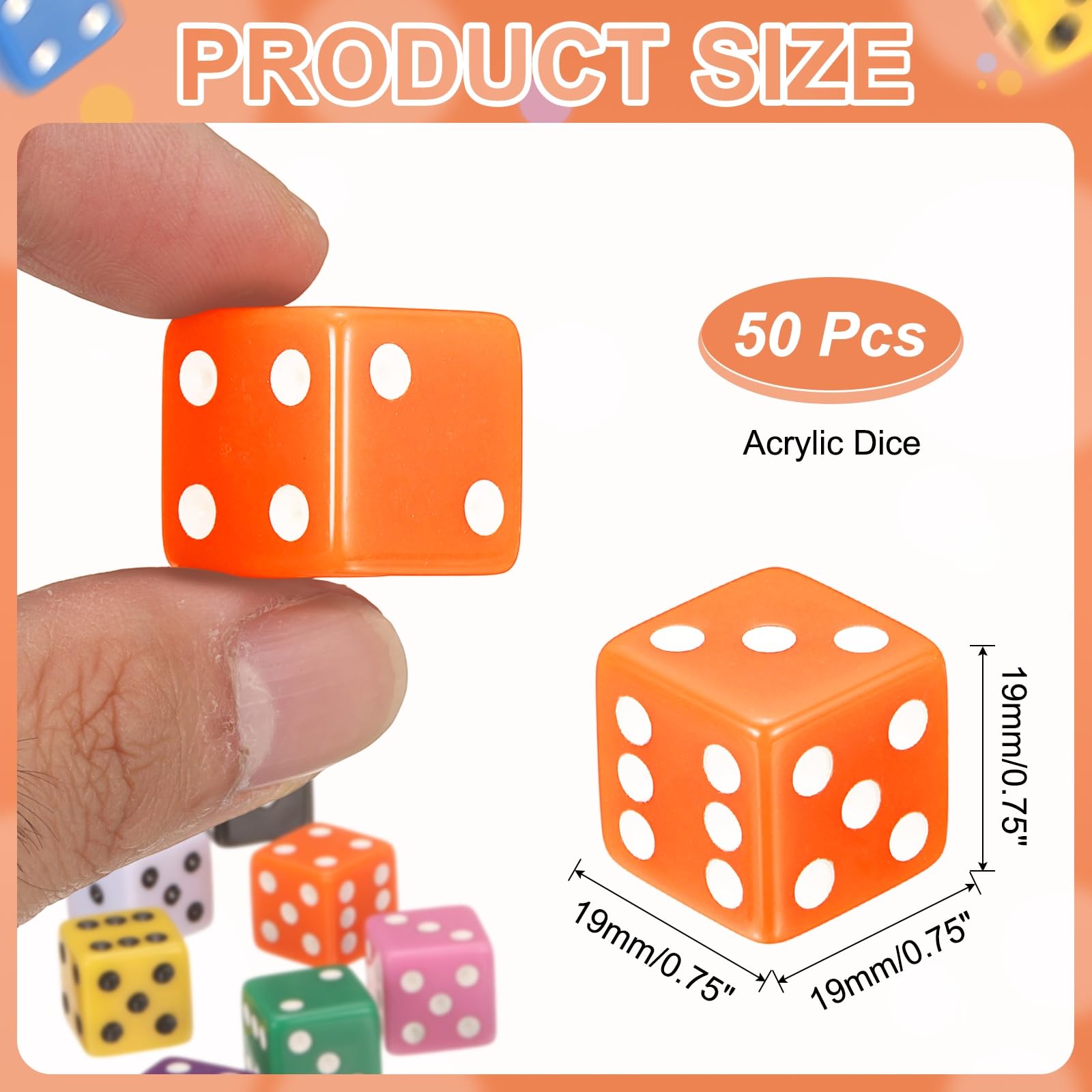 QUARKZMAN 50Pcs des À 6 Faces en Acrylique, 19mm/0.75" Grand D6 Opaque Dés De Jeu en Gros pour Jeux De Société Fête d'anniversaire Fourniture De Fête Thématique, Orange