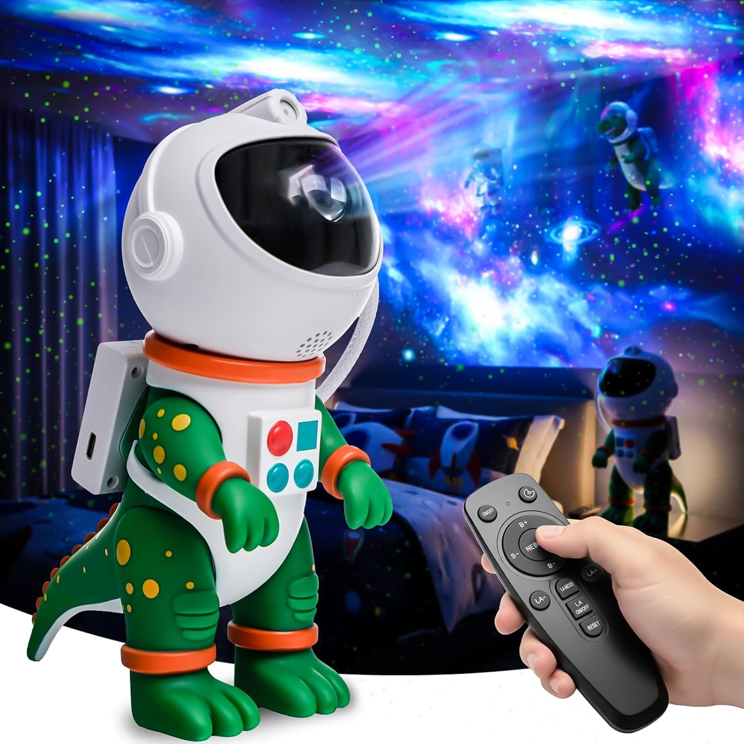 Dinosaur Astronaut Galaxy Star Projector Night Light, 8 in 1 LED Space Planetarium Lamp, 360° Rotating with Remote & Timer, Kids Adults Bedroom Decor, Christmas Birthday Gifts (Green)
