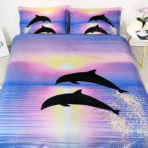 Miniatura 6 de Juego de cama de 3 piezas para niños, lindo juego de funda de edredón con estampado de delfines 3D, fundas de almohada para niños y niñas, juego de