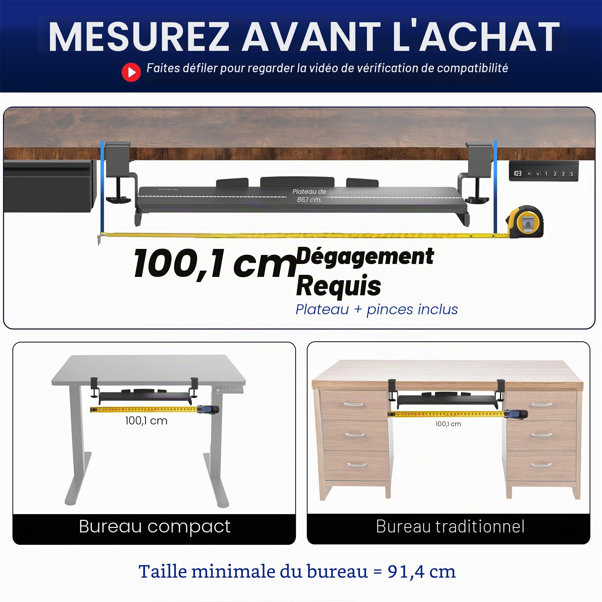 VIVO MOUNT-KB15EB Plateau de Clavier extractible sous Le Bureau avec système de Fixation en C Extra Robuste, 86 cm (102 cm y Compris Les Pinces) x 28 cm, tiroir d'ordinateur Coulissant pour saisir,