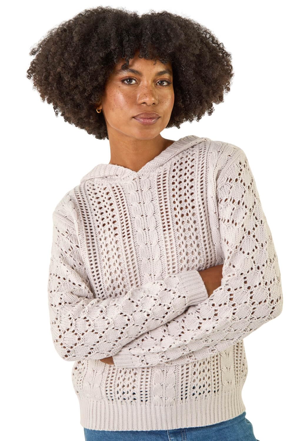 Roman Originals Women's Cream Hooded Cable Knit Jumper For Uk - Everyday Autumn Winter Comfy Soft Evening Vacation Work Party Night Out - Size 18
